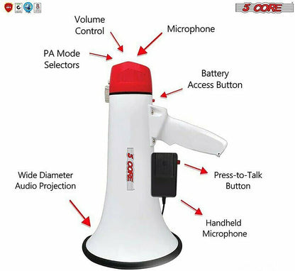 Megaphone Handheld Bullhorn Cheer Loudspeaker Bull Horn Speaker Megaphono Siren Sling Strap Portable 5Core 20RF