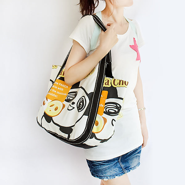 ILEA - [Panda Choco] 100% Cotton Eco Canvas Shoulder Tote Bag / Shopper Bag / Multiple Pockets