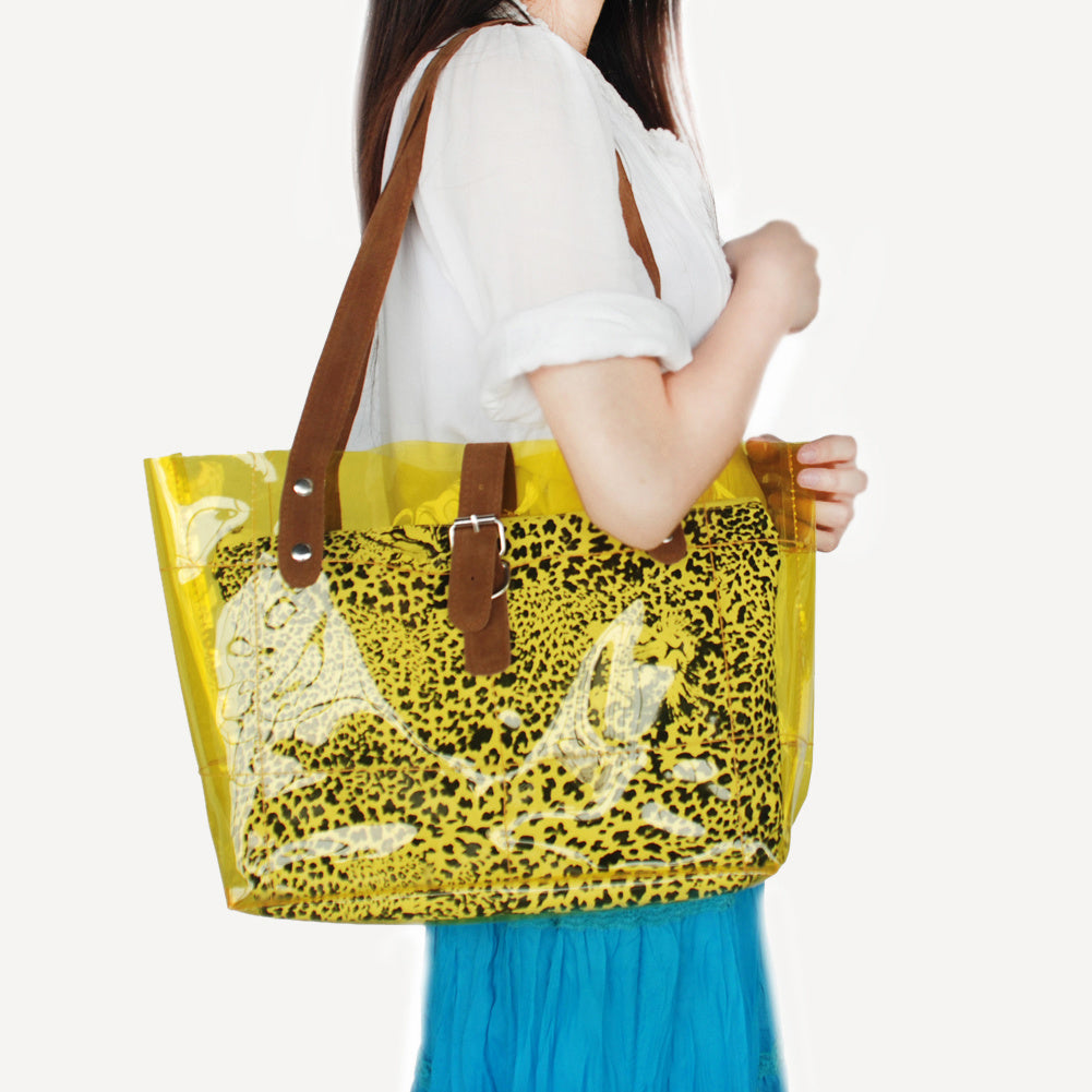 [Lucky Yellow] Leopard Double Handle Leatherette Satchel Bag Handbag Purse Casual Styling