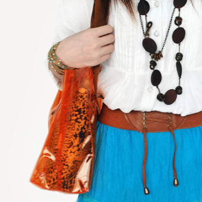 [Lucky Orange] Leopard Double Handle Leatherette Satchel Bag Handbag Purse Casual Styling