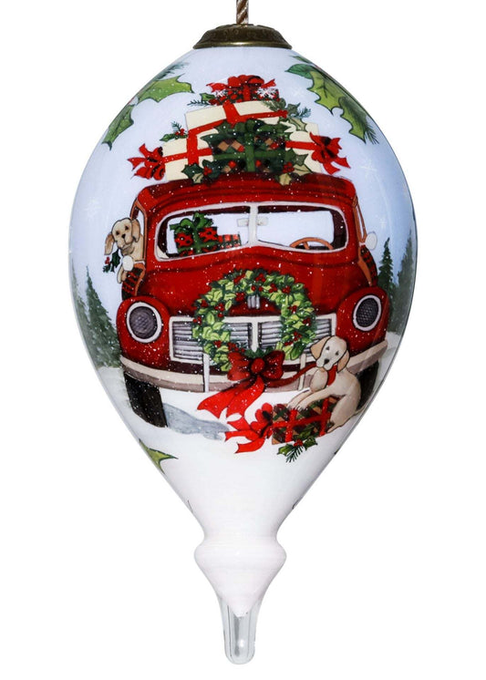 Christmas Wagon with Gifts Hand Painted Glass Hanging Ornament