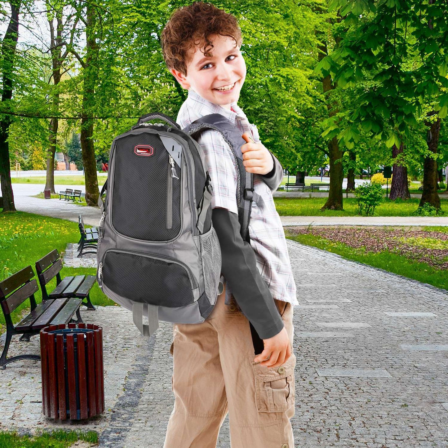 Unisex School Backpack Casual Travel Shoulder Bag W/ Adjustable Straps Dual-Water Bottle Pouch