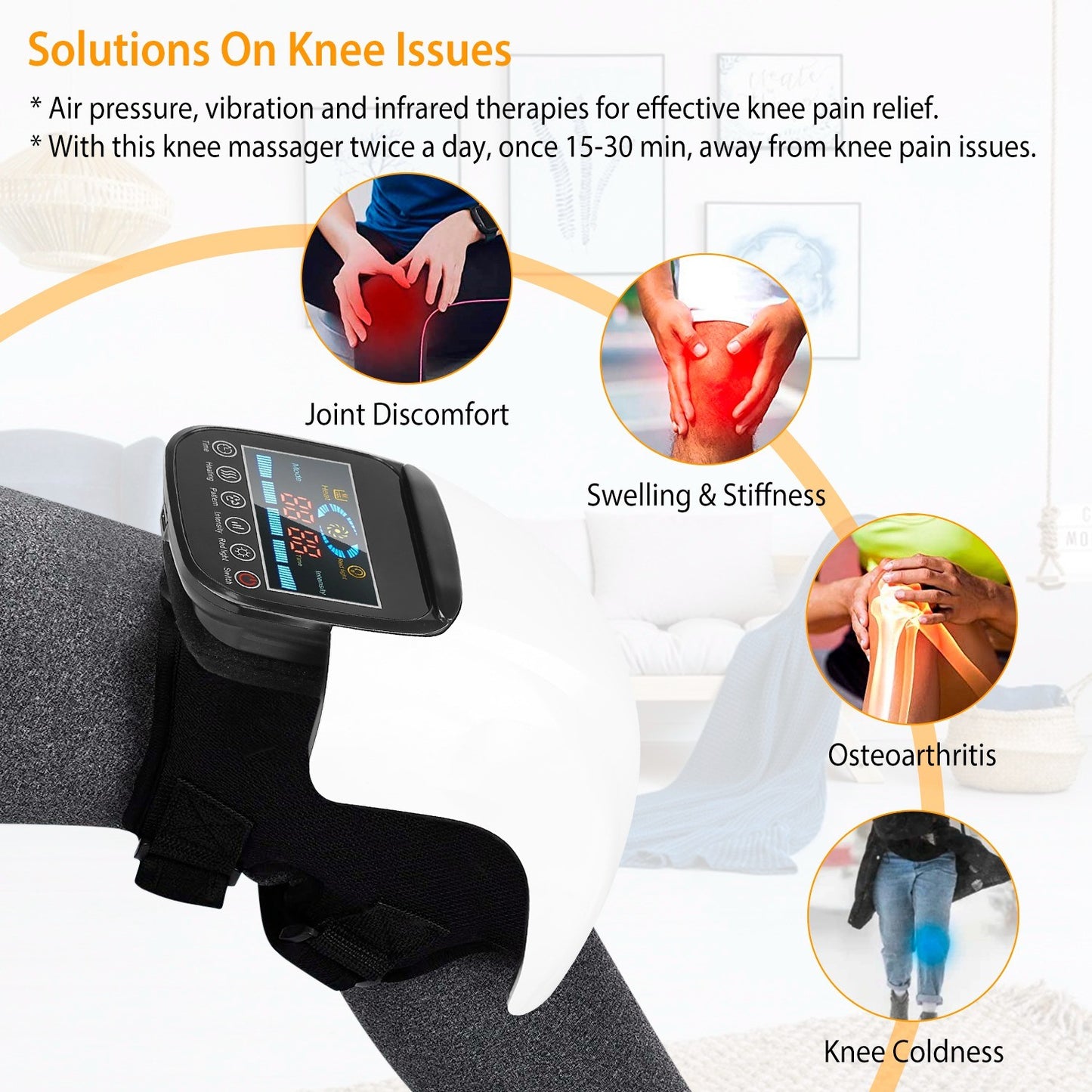 Electric Rechargeable Knee Massager Infrared Heat Pain Relief Therapy Knee Brace Wrap with Air Pressure Kneading Timer Temperature Adjustment