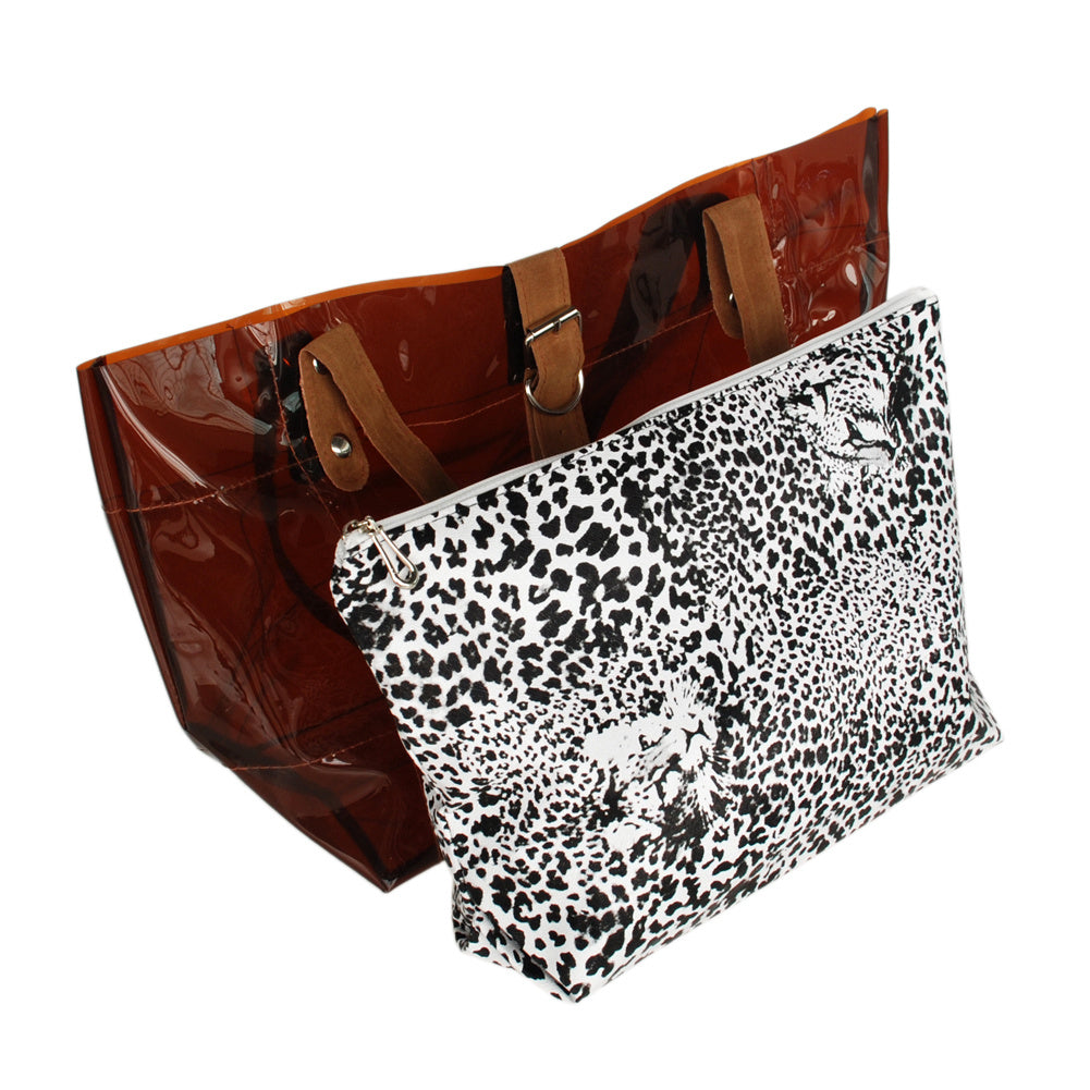 [Lucky Brown] Leopard Double Handle Leatherette Satchel Bag Handbag Purse Casual Styling