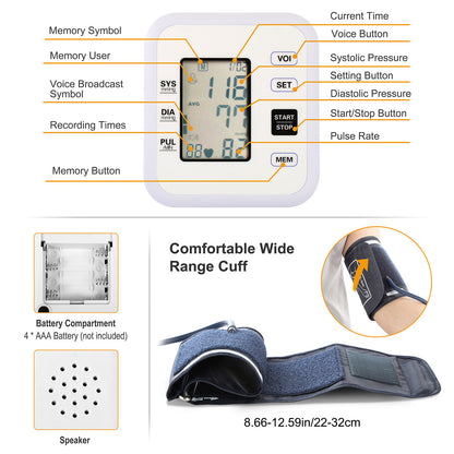 Arm Blood Pressure Monitor with Adjustable Cuff (8.7in-12.6in) Irregular Heartbeat Detector