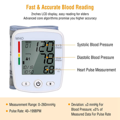 Blood Pressure Monitor Wrist Digital High Blood Pressure Cuff Heartbeat Tester