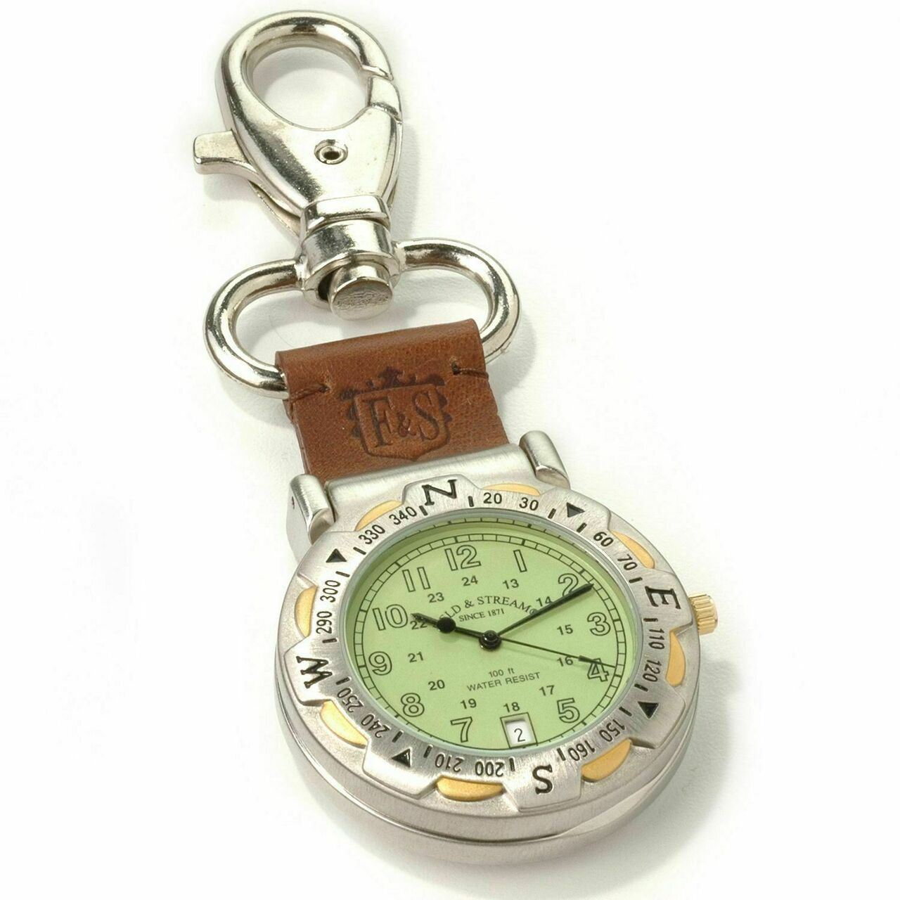 Field & Stream Camp Master Green Dial Multi-Function Compass Leather Pocket Watch