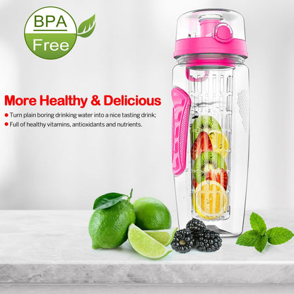 Fruit Infuser Water Bottle 32OZ Juice Shaker Sport w/ Flip Top Lid Anti-Slip Grips