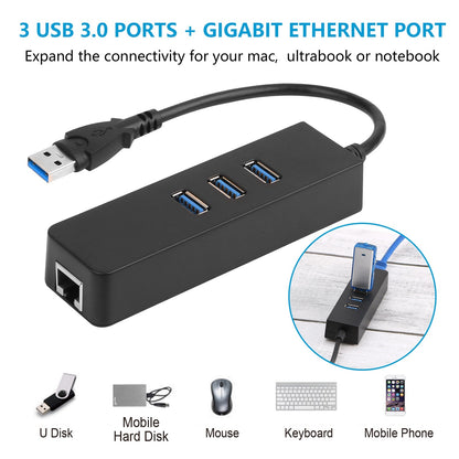 3 Ports USB 3.0 Hub Gigabit Ethernet Adapter 10/100/1000 Mbps Converter LAN RJ45 Wired USB Network Adapter
