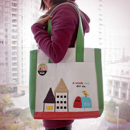 [A Windy Day] Embroidered Applique Fabric Art Shoulder Tote Bag / Shopper Bag (14*14.5*4)