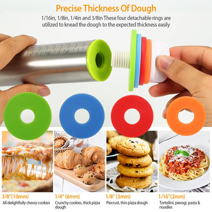 Dough Rolling Pin Dough Roller Stainless Steel Rolling Pins with 4 Removable Adjustable Thickness Rings and Rolling Mat