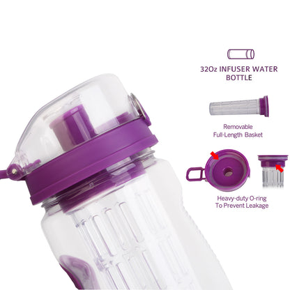 Fruit Infuser Water Bottle 32OZ Juice Shaker Sport w/ Flip Top Lid Anti-Slip Grips