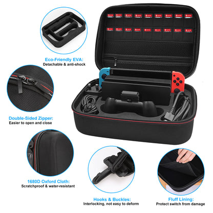Portable Deluxe Carrying Case for Nintendo Switch Protected Travel Case with Rubberized Handle Shoulder Strap