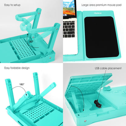 Foldable Laptop Table Bed Notebook Desk with Cooling Fan Mouse Board LED light 4 xUSB Ports Breakfast Snacking Tray