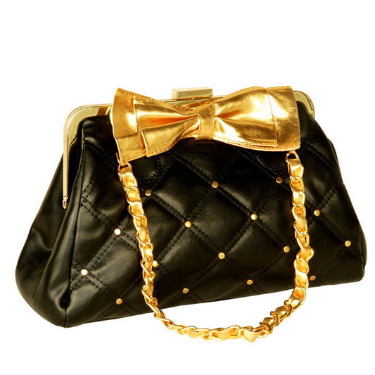 [Luxurious Love] Stylish Black Double Handle Leatherette Bag Handbag Purse