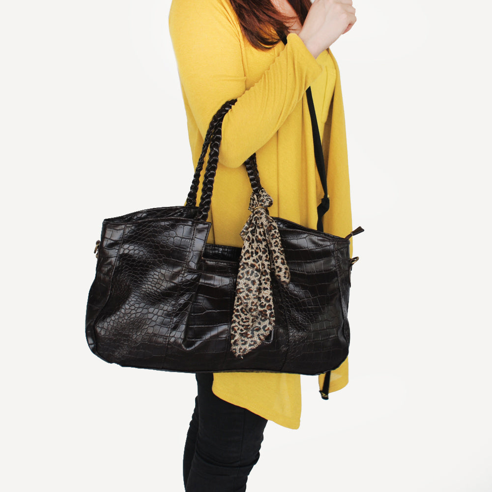 [Charm Beauty] Coffee Leatherette Double Handle Handbag Shoulder Bag Satchel Bag w/A scarf