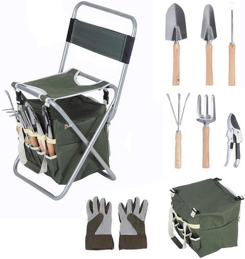 Bosonshop 9 PCS Garden Tools Set Ergonomic Wooden Handle Sturdy Stool with Detachable Tool Kit Perfect for Different Kinds of Gardening