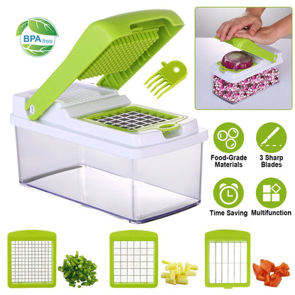 Vegetable Slicer Quick Potato Tomato Fruit Cutter Set with 3 Blades Stainless Steel Food Chopper