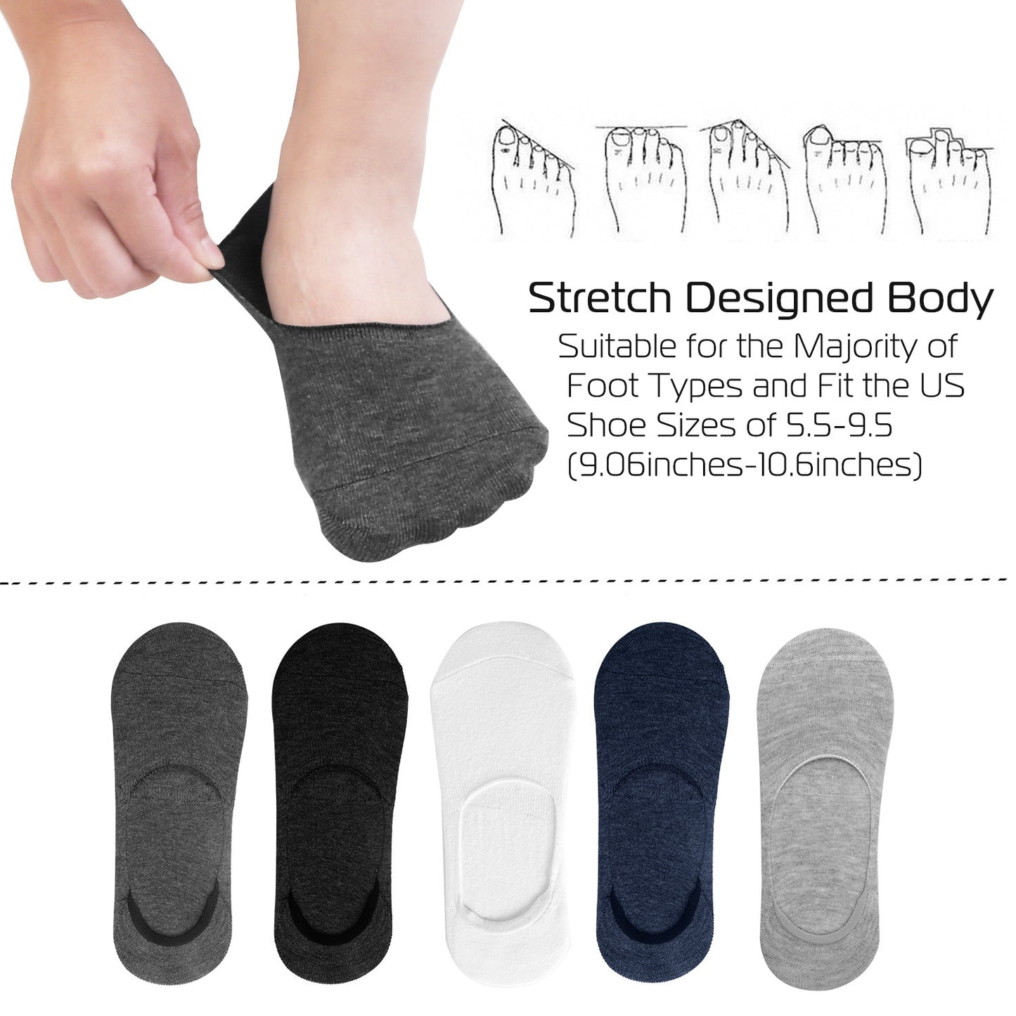 No Show Socks 5 Pairs Breathable Boat Socks Non-slip Low Cut Invisible Socks
