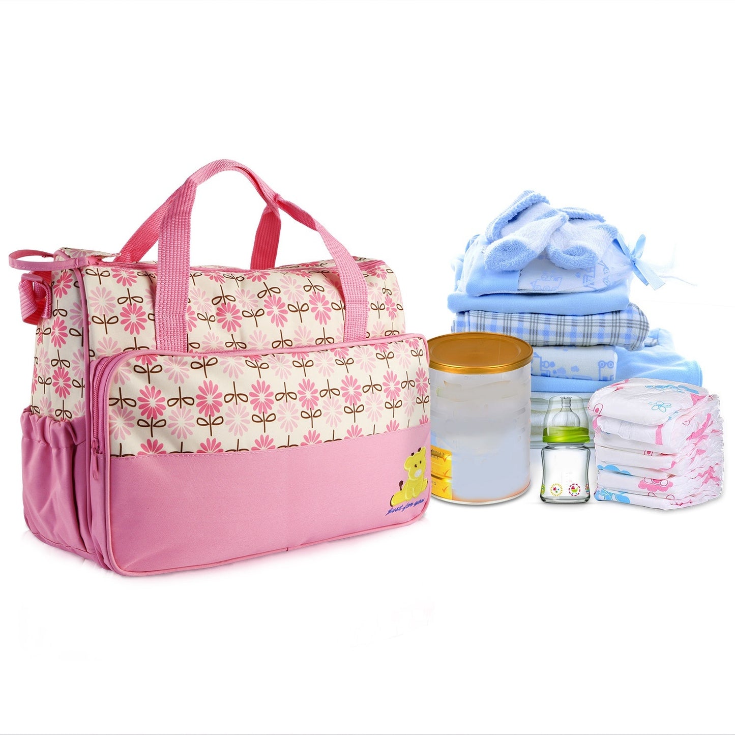 5PCS Baby Nappy Diaper Bags Set Mummy Diaper Shoulder Bags w/ Nappy Changing Pad Insulated Pockets Travel Tote Bags