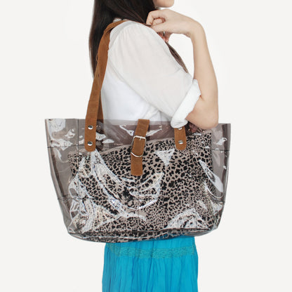 [Lucky Gray] Leopard Double Handle Leatherette Satchel Bag Handbag Purse Casual Styling