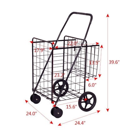 Jumbo Basket Folding Shopping Cart With Swiveling Wheels And Dual Storage Baskets