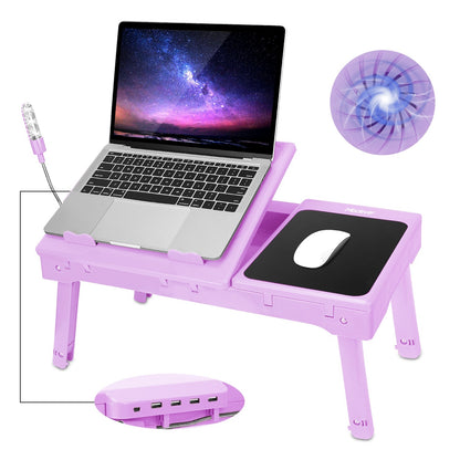 Foldable Laptop Table Bed Notebook Desk with Cooling Fan Mouse Board LED light 4 xUSB Ports Breakfast Snacking Tray