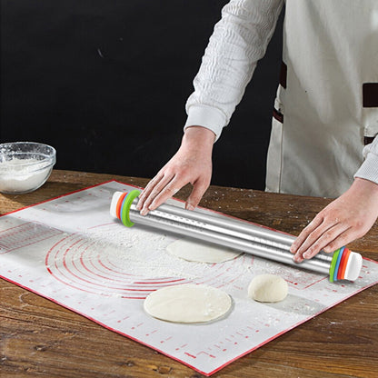 Dough Rolling Pin Dough Roller Stainless Steel Rolling Pins with 4 Removable Adjustable Thickness Rings and Rolling Mat