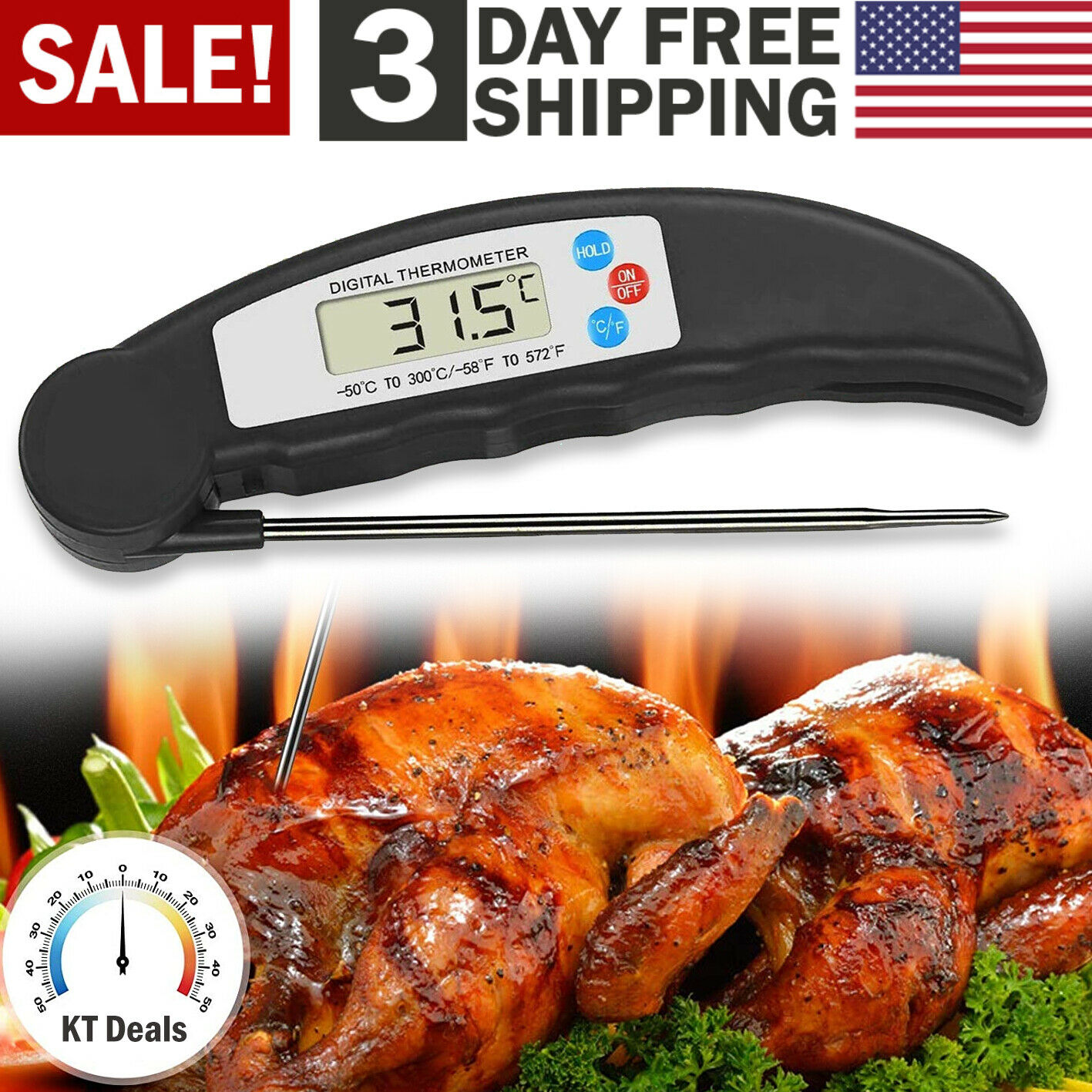 Instant-Read Meat Thermometer Digital Electronic Food Temp Kitchen Cooking Grill