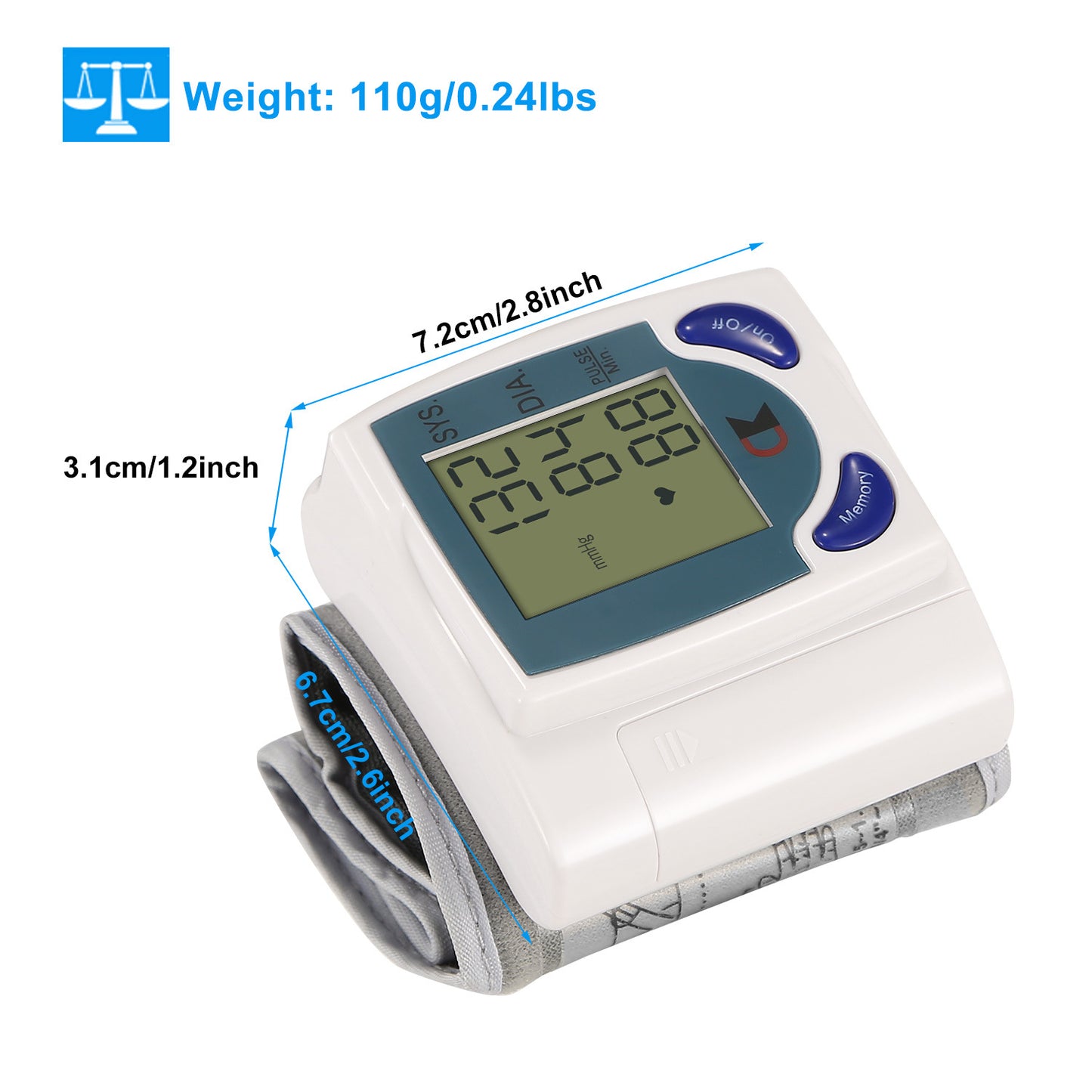 Blood Pressure Monitor Wrist Digital High Blood Pressure Cuff Heartbeat Tester with 60 Reading Memory