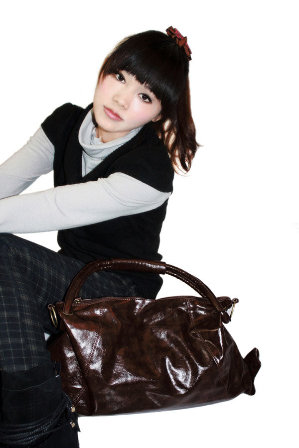 [Emily Charm] Coffee Double Handle Leatherette Satchel Hobo Handbag w/Shoulder Strap