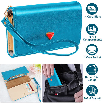 Women Wristlet Wallet PU Leather Lady Purse Credit Card Holder 4 Card Slots 3 Money Pouches 1 Coin Pocket